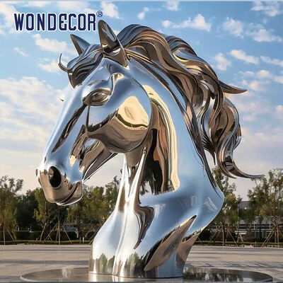 Extra Large Light Luxury Abstract Geometric Faceted Mirror Stainless Steel Horse Head Sculpture, Urban Landmark Landscape Art Statue For Outdoor Commercial Plaza